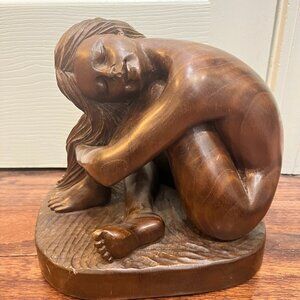 Vintage Wood Carved Woman Long Hair Nude MCM Statue Sculpture Figure